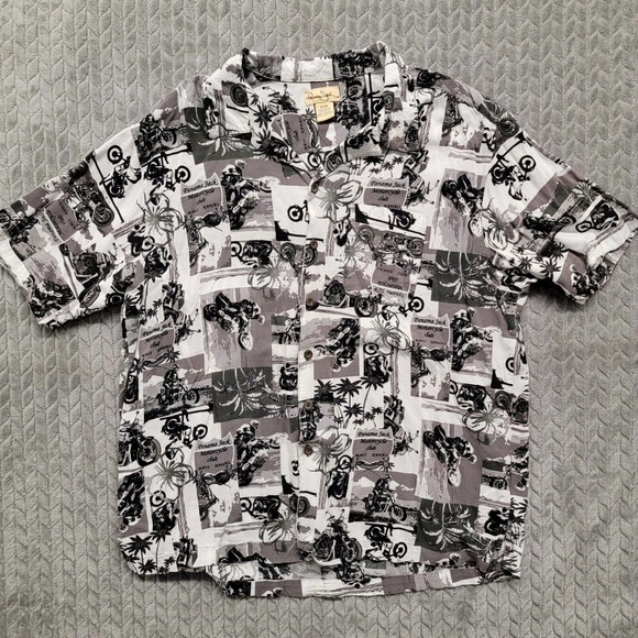 Panama Jack Motorcycle Club Maui Mens XL Camp Hawaiian Gray Black‎ 100% Rayon - Picture 1 of 7